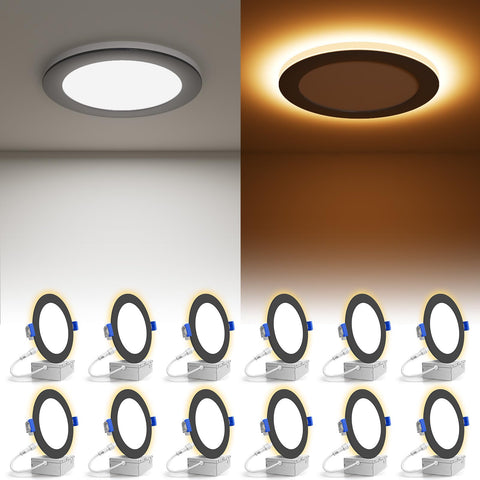 Volisun 12-pack 6-inch black recessed light with night light emits amber glow for cozy ambiance.