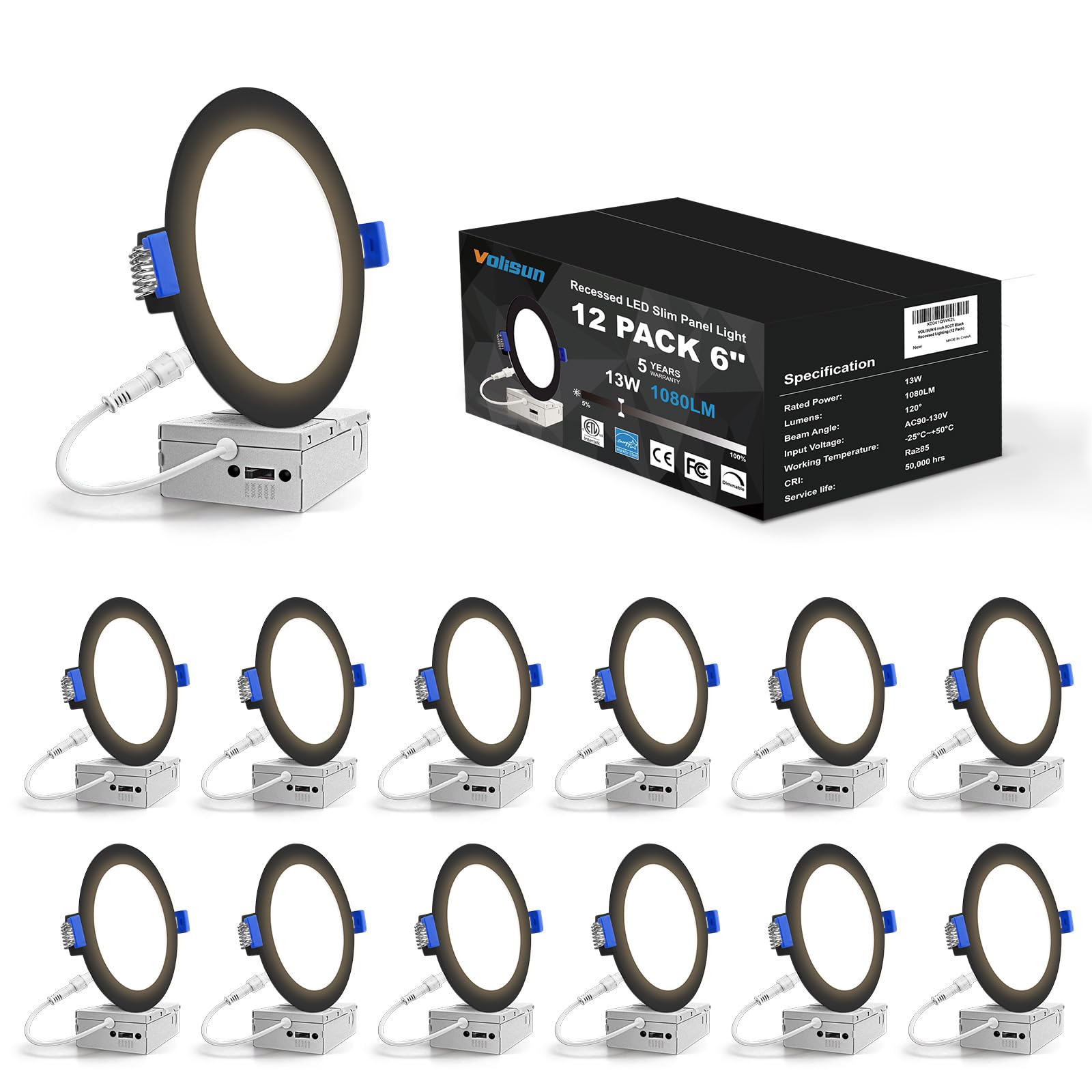 VOLISUN 12-pack 6-inch recessed light closeup shows slim wafer design for retrofit and efficiency.