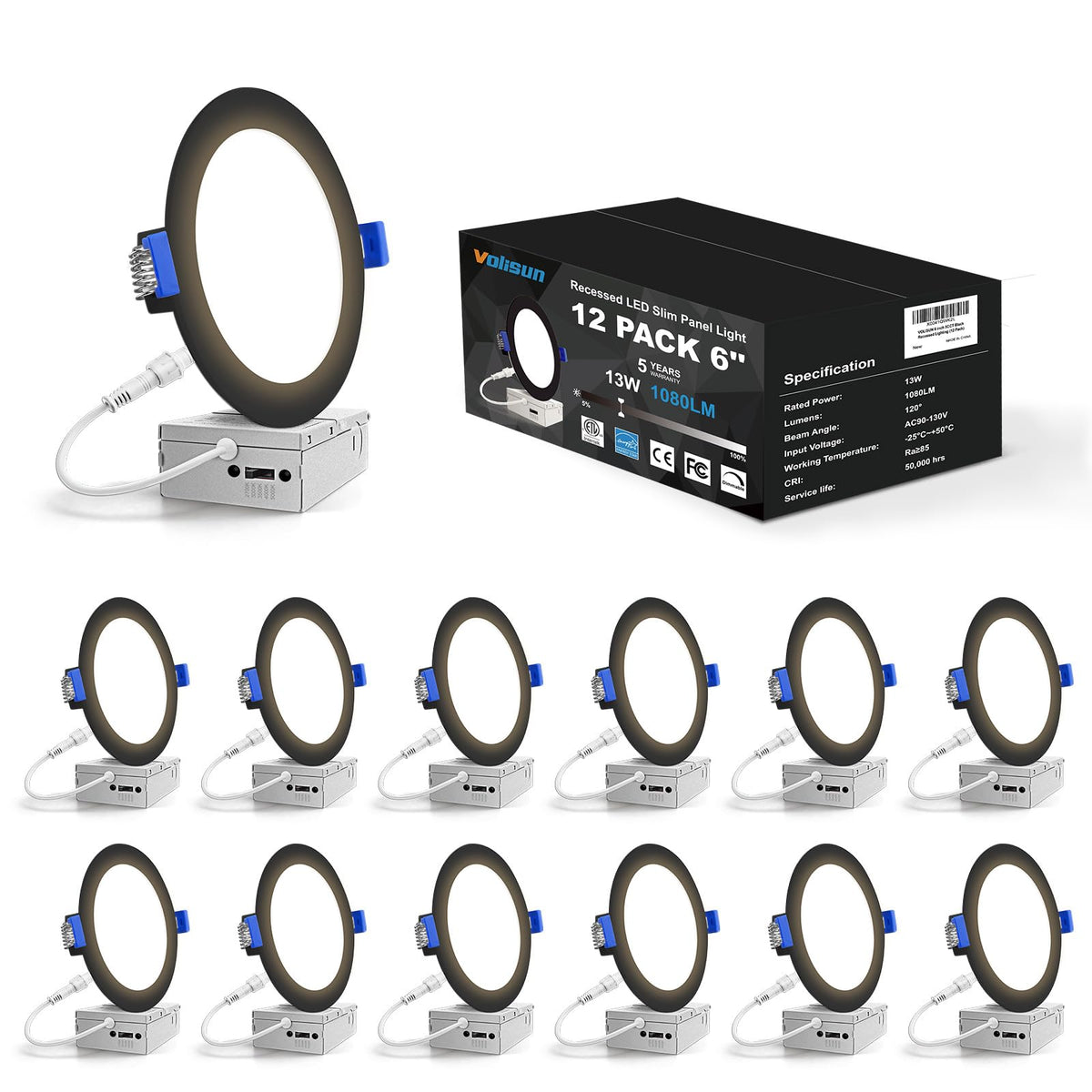 VOLISUN 12-pack 6-inch recessed light closeup shows slim wafer design for retrofit and efficiency.
