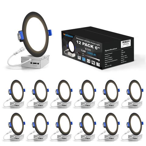 VOLISUN 12-pack 6-inch recessed light closeup shows slim wafer design for retrofit and efficiency.