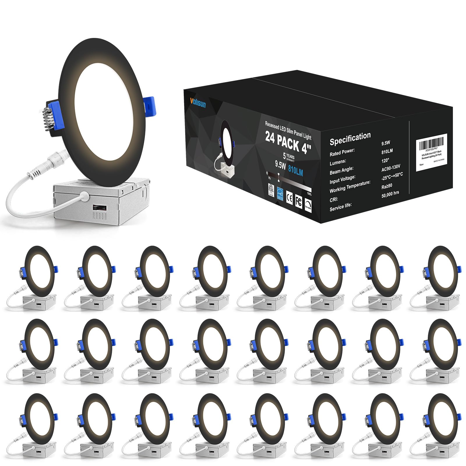 VOLISUN 24-pack 4-inch recessed light kit in black finish for quick ceiling upgrades