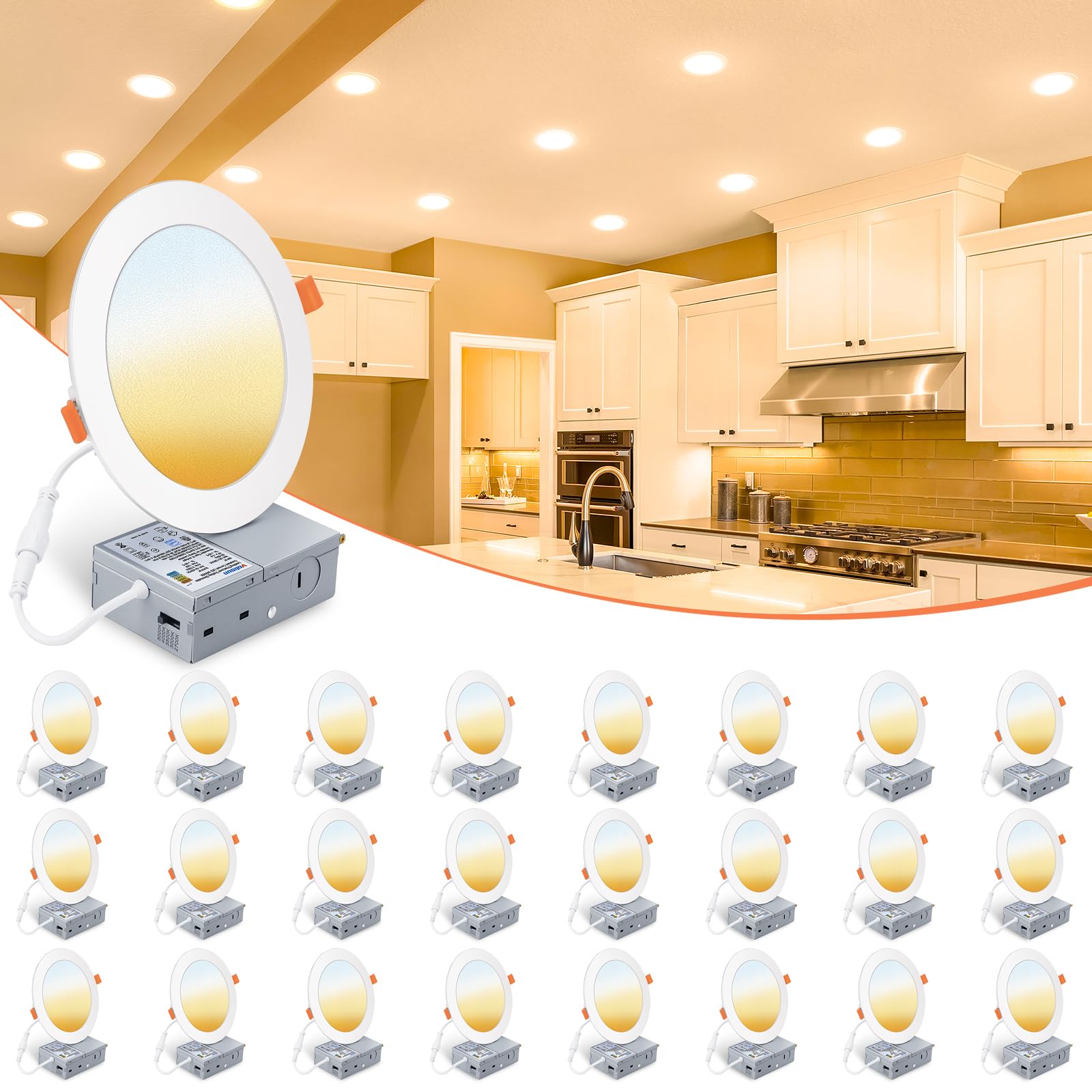 VOLISUN 24-pack 6in downlight front view demonstrates energy-saving brightness.