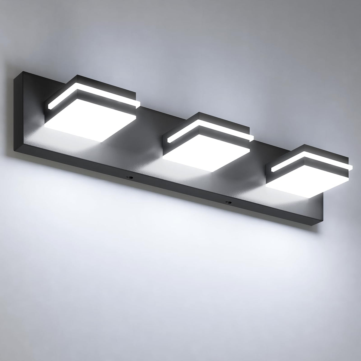 VOLISUN 3-light vanity fixture in matte black over mirror for precise makeup lighting