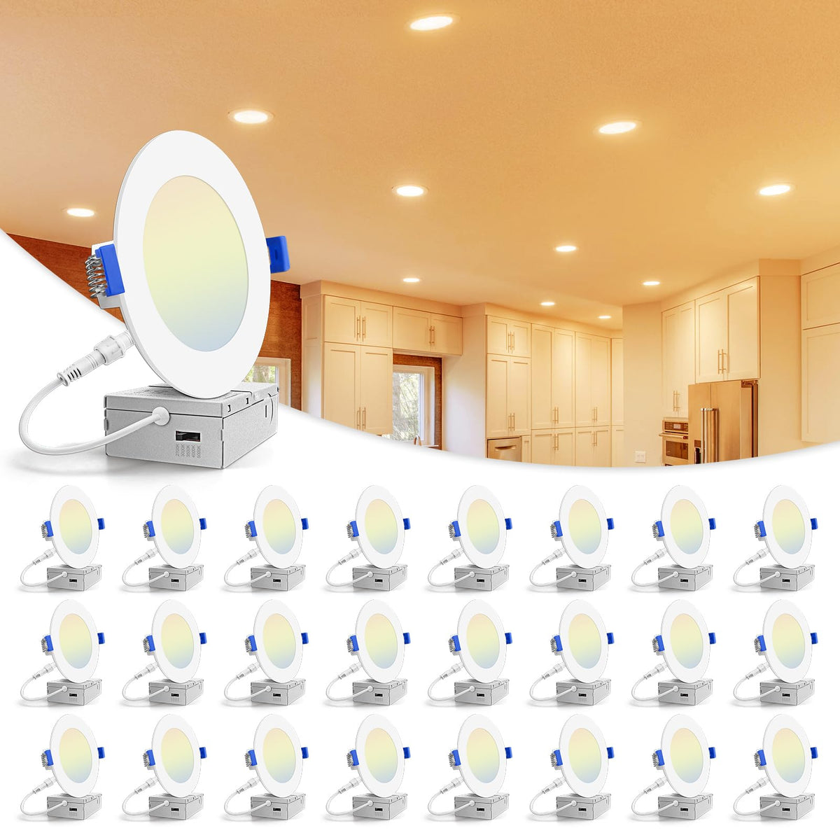 VOLISUN 4-inch recessed light package showing quick install and even brightness