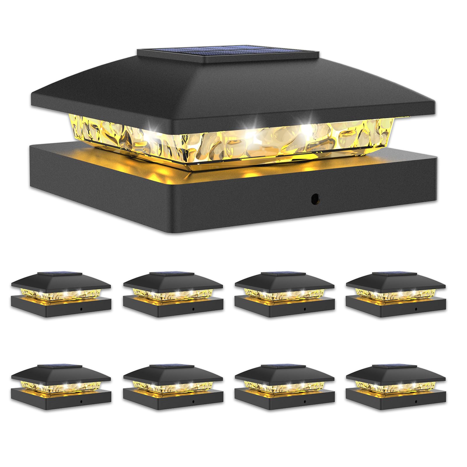 VOLISUN 4x4 solar post cap light pack installed on a wooden post for ambient outdoor lighting