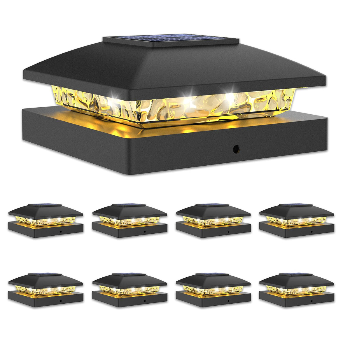 VOLISUN 4x4 solar post cap light pack installed on a wooden post for ambient outdoor lighting