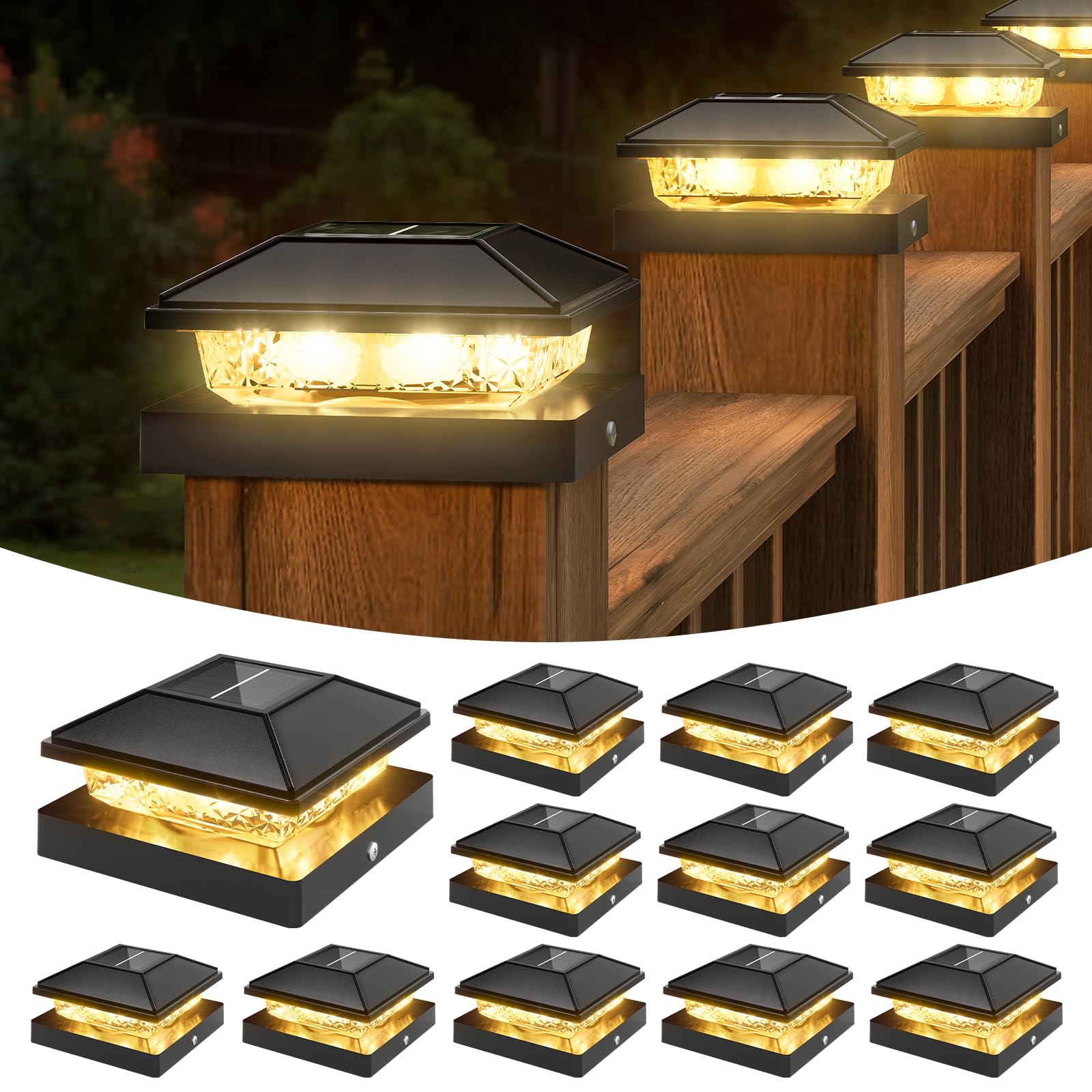 Volisun 4x4 solar post-cap light mounted on wooden post for safe evening illumination.