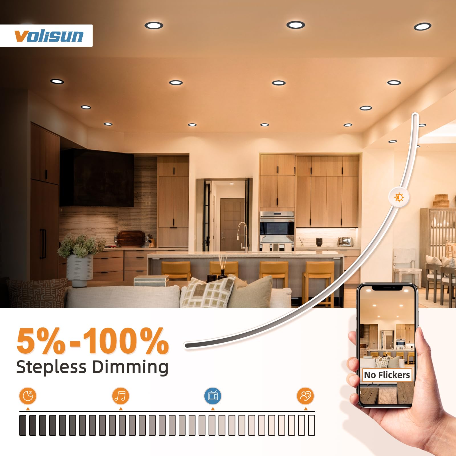 VOLISUN 5CCT selectable LED downlight showing 2700K-5000K range for mood lighting