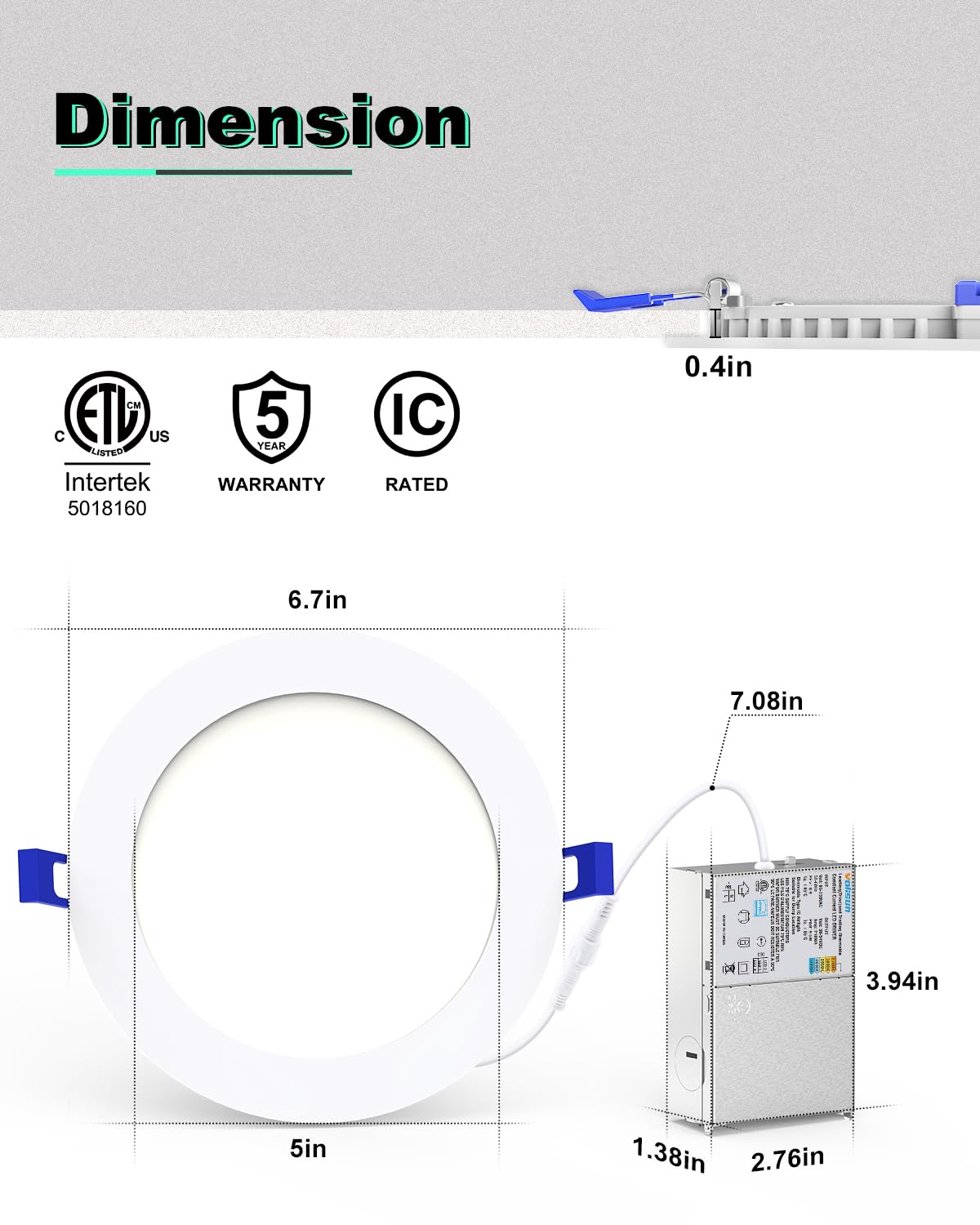 VOLISUN 6-inch IC-rated and ETL-certified recessed light for safe installation.