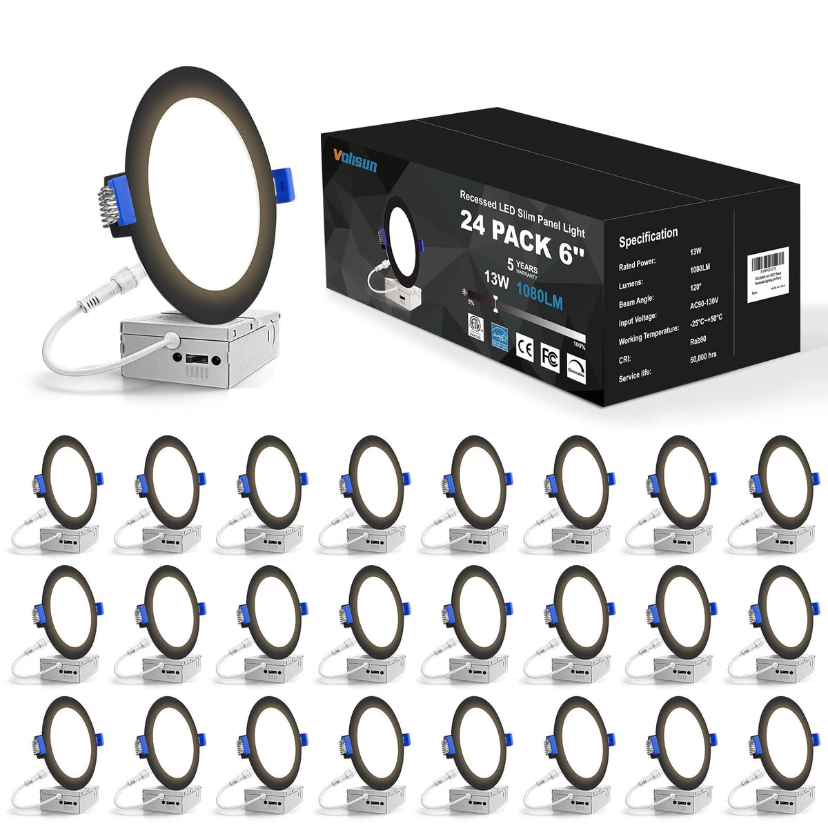 VOLISUN 6-inch recessed light front view in black for modern ceilings