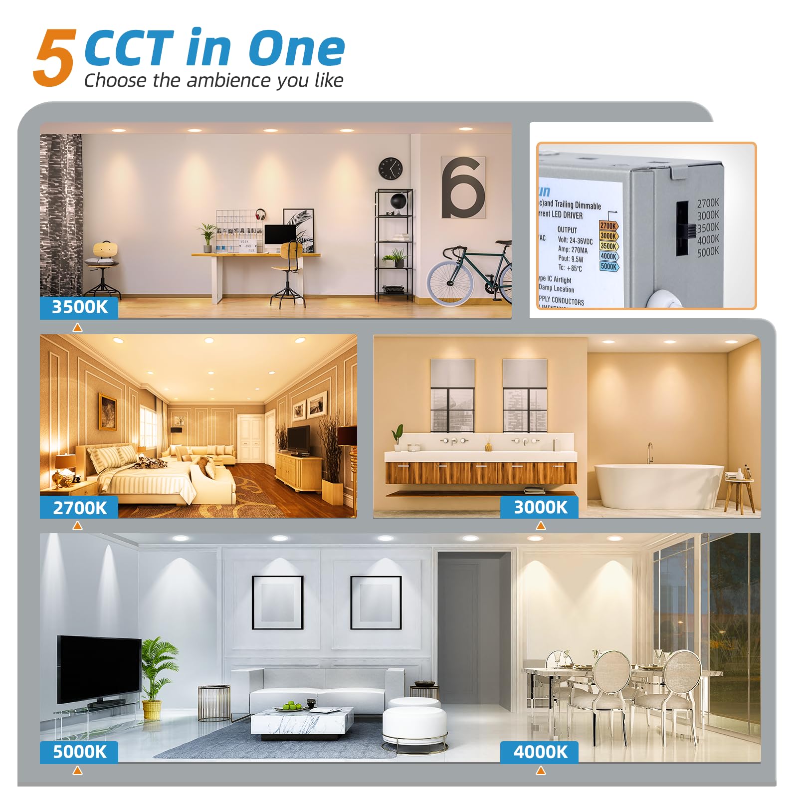 VOLISUN 7-inch recessed light color-temp slider enables mood-adjusting warmth or daylight.