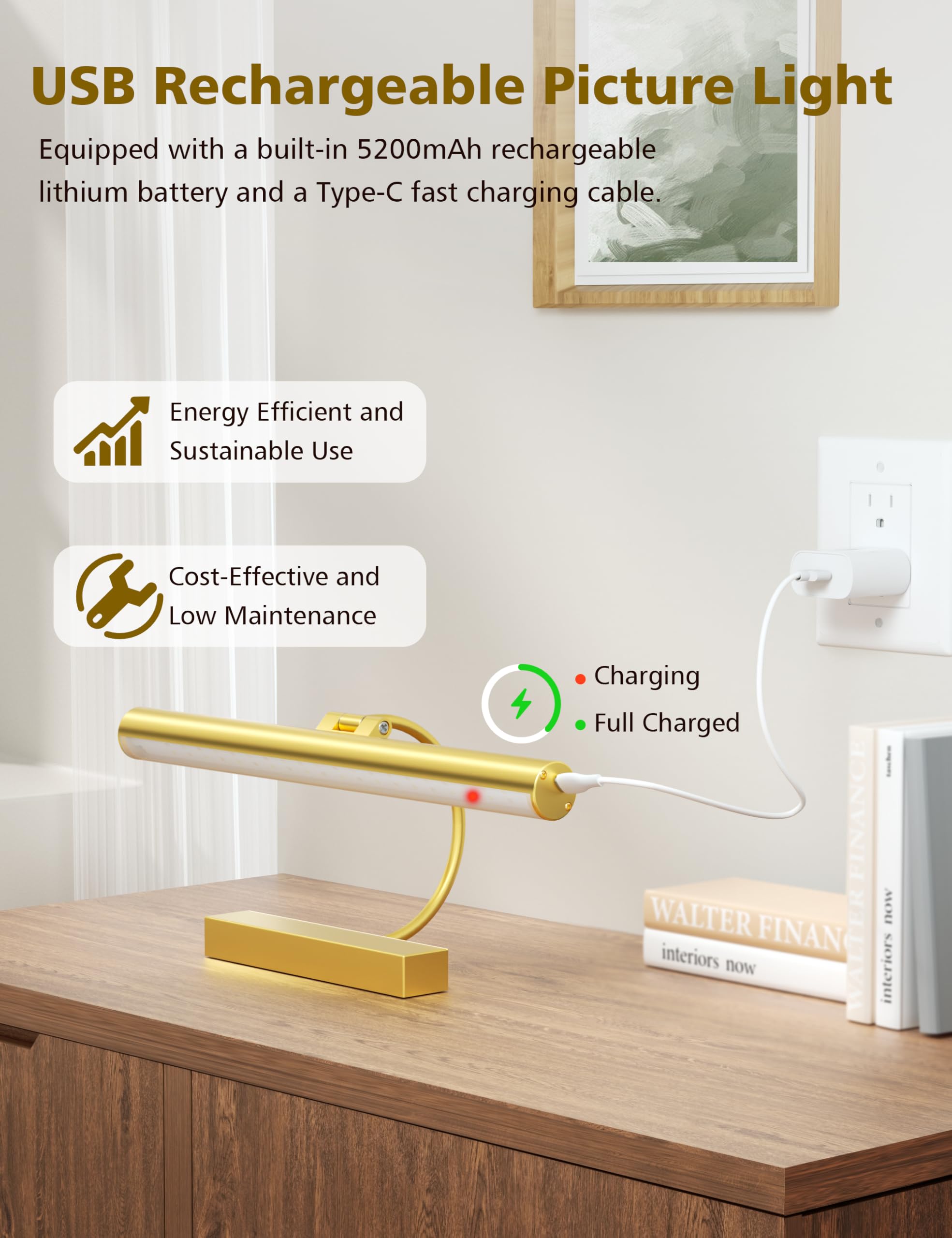 Volisun battery-operated picture light powered by a long-lasting 5200mAh battery.