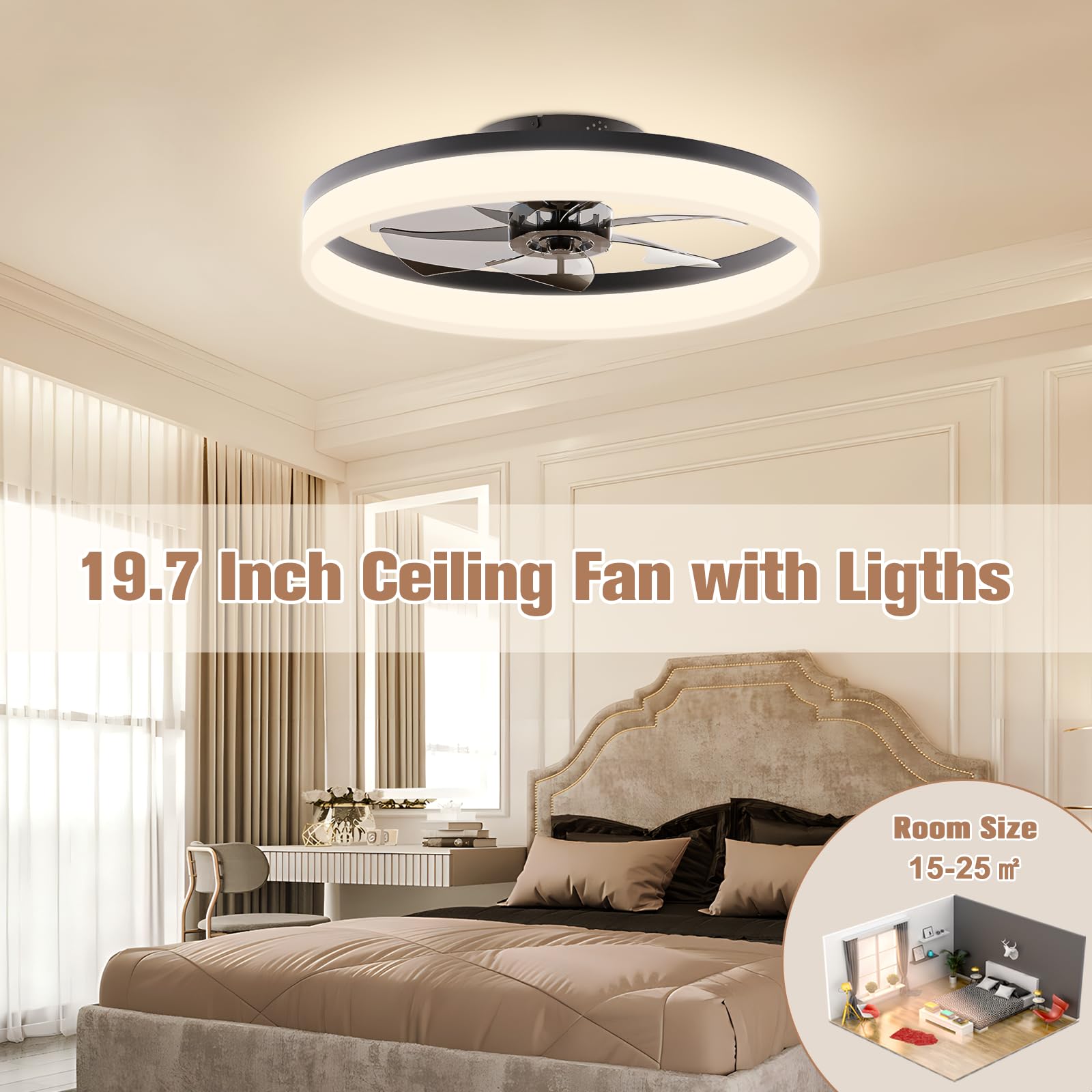 VOLISUN ceiling fan enhances bedrooms with ambient lighting and comfortable airflow