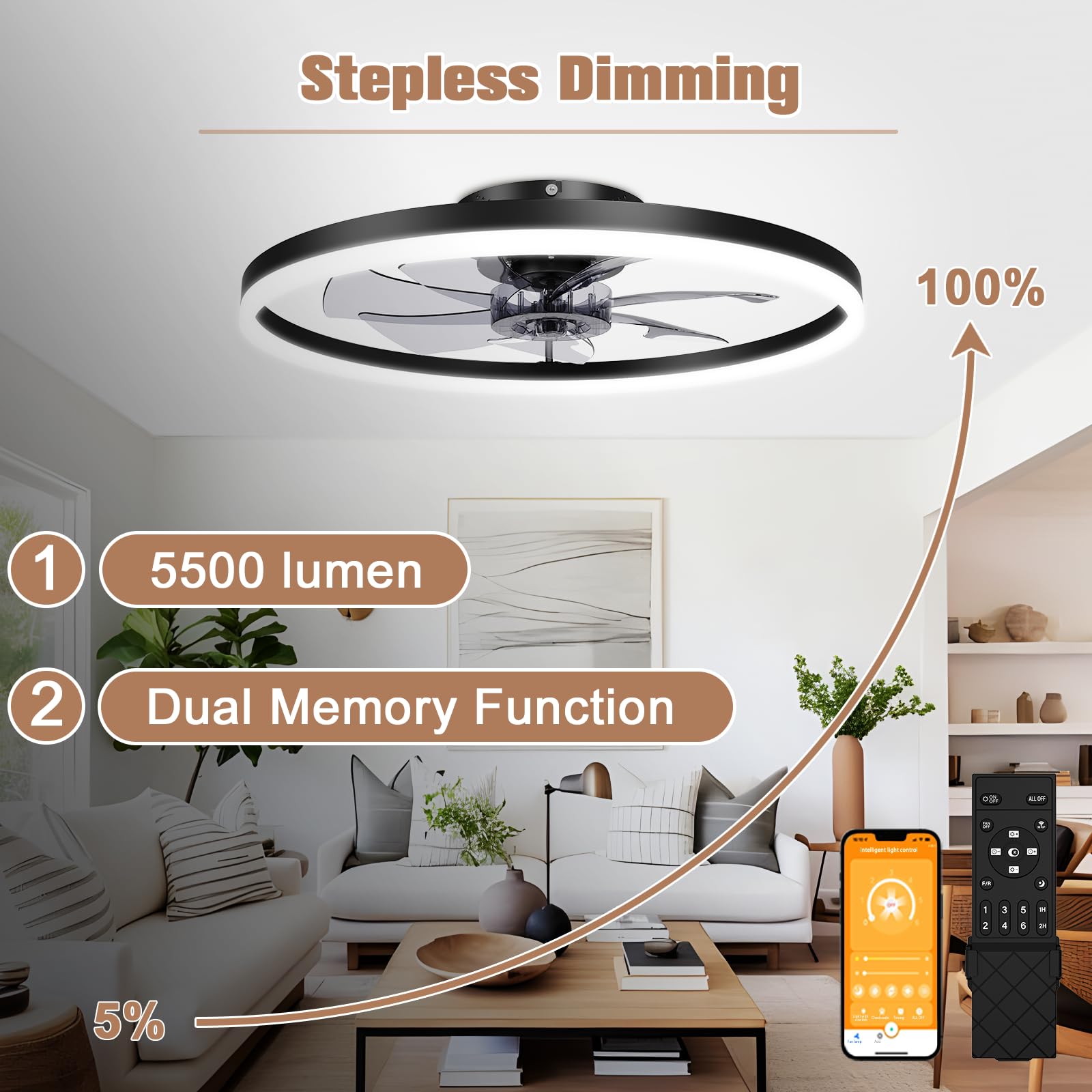 VOLISUN black bladeless fan with integrated light for quiet operation