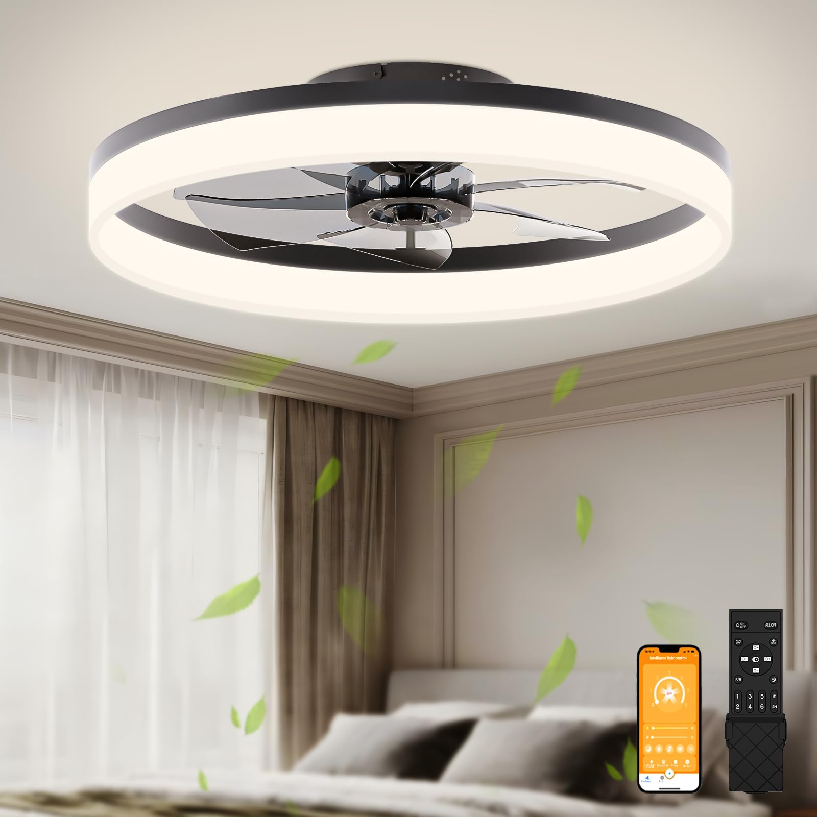 VOLISUN bladeless ceiling fan with light and remote in black, ideal for modern bedrooms