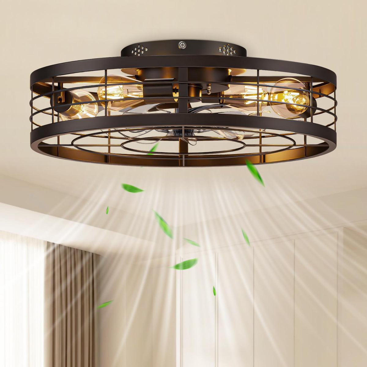 VOLISUN caged ceiling fan with remote, enhancing living room comfort with ambient light.
