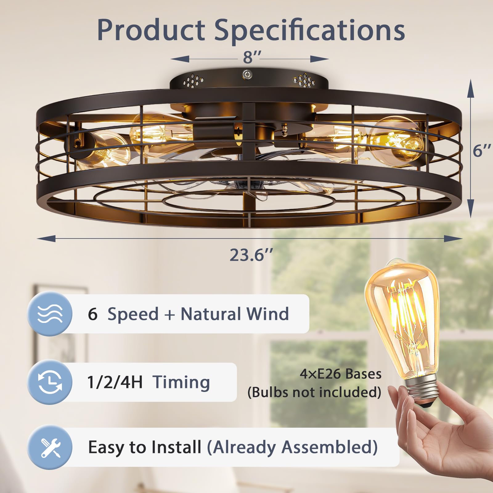 VOLISUN caged fan in living room setting; ambient airflow and light.