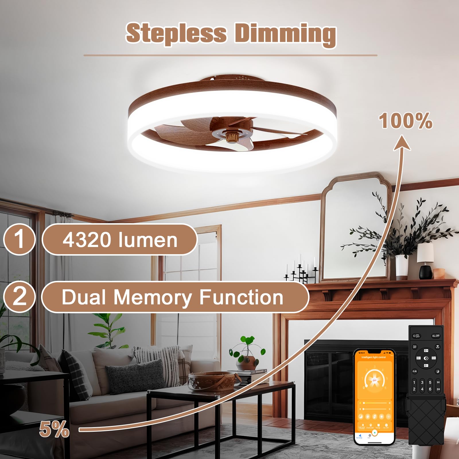 VOLISUN walnut finish fan complements bedroom decor