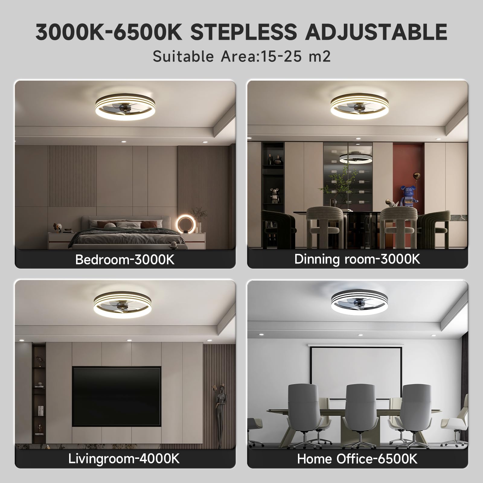 VOLISUN flush-mount ceiling fan shown in close-up blending with modern rooms and quiet operation