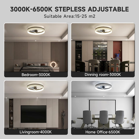 VOLISUN flush-mount ceiling fan shown in close-up blending with modern rooms and quiet operation