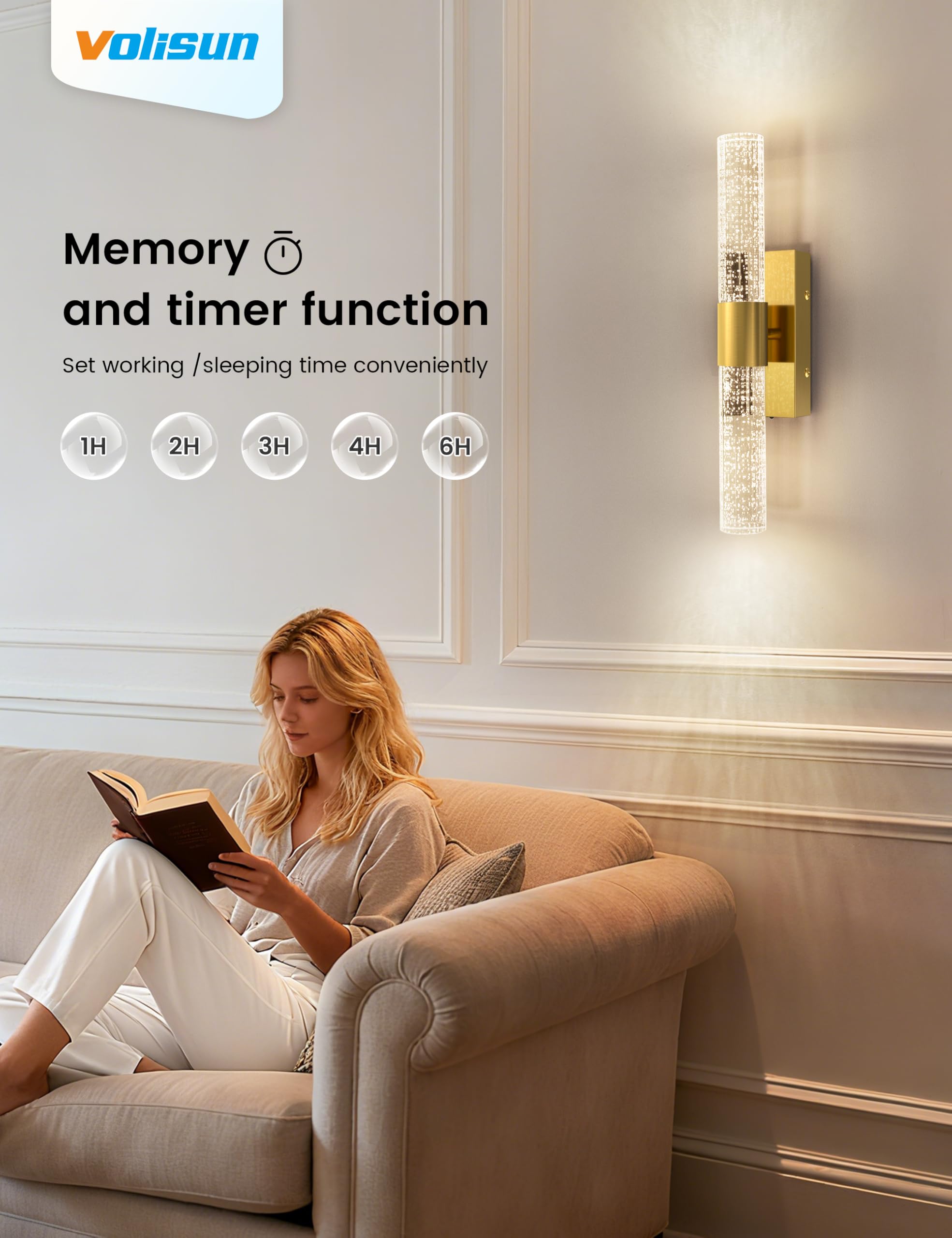 VOLISUN living room setup with gold wall sconces providing soft glow.
