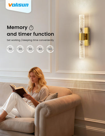 VOLISUN living room setup with gold wall sconces providing soft glow.
