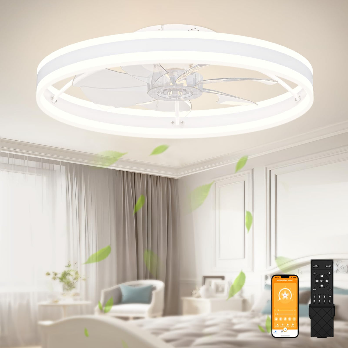 VOLISUN low-profile ceiling fan with remote for a slim bedroom setup.