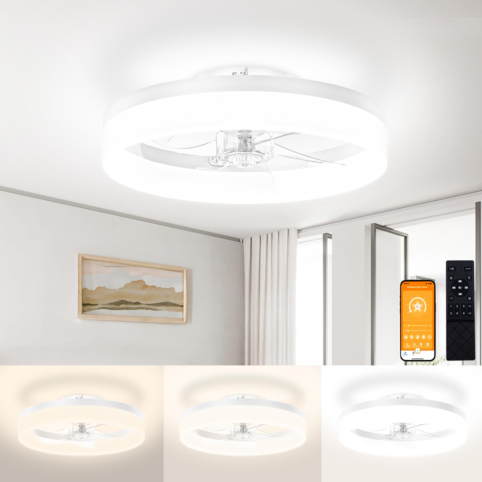 VOLISUN low-profile ceiling fan with remote provides quiet bedroom cooling.