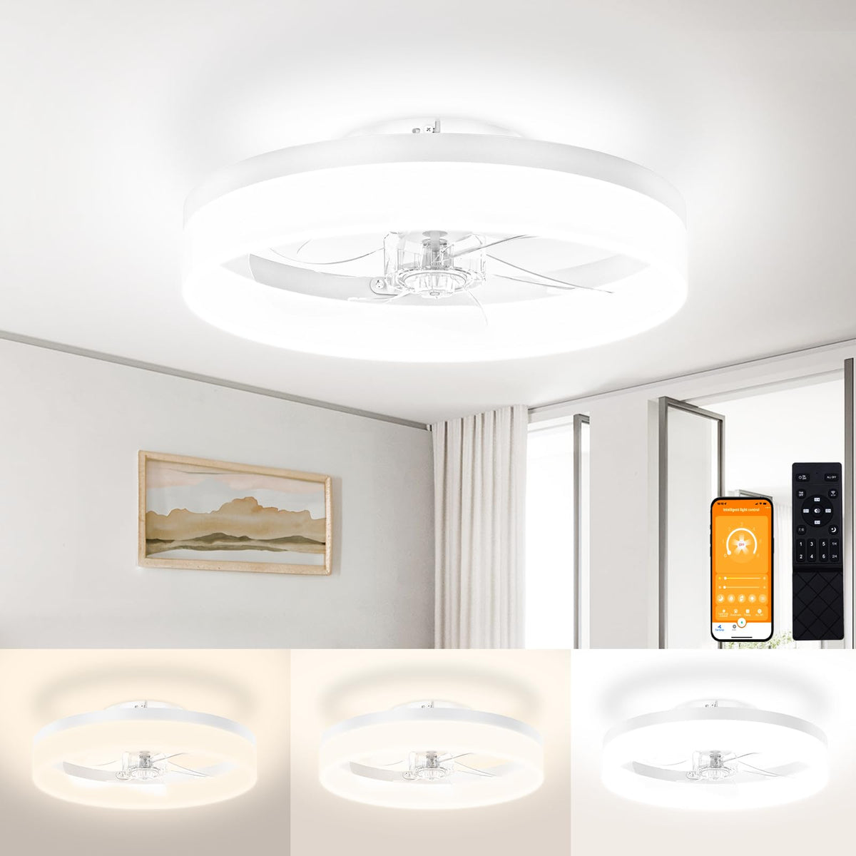 VOLISUN low-profile ceiling fan with remote provides quiet bedroom cooling.