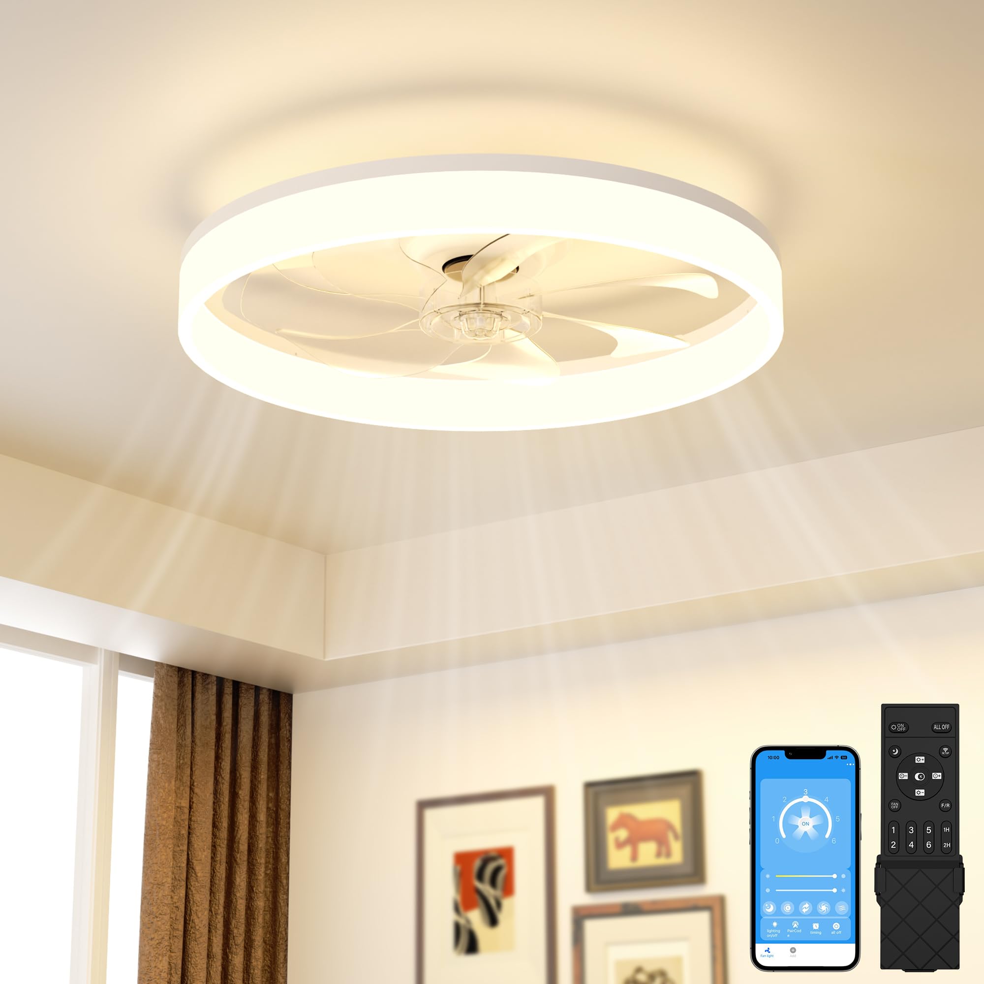 VOLISUN low-profile fan with light and remote for space-saving ceiling installation.