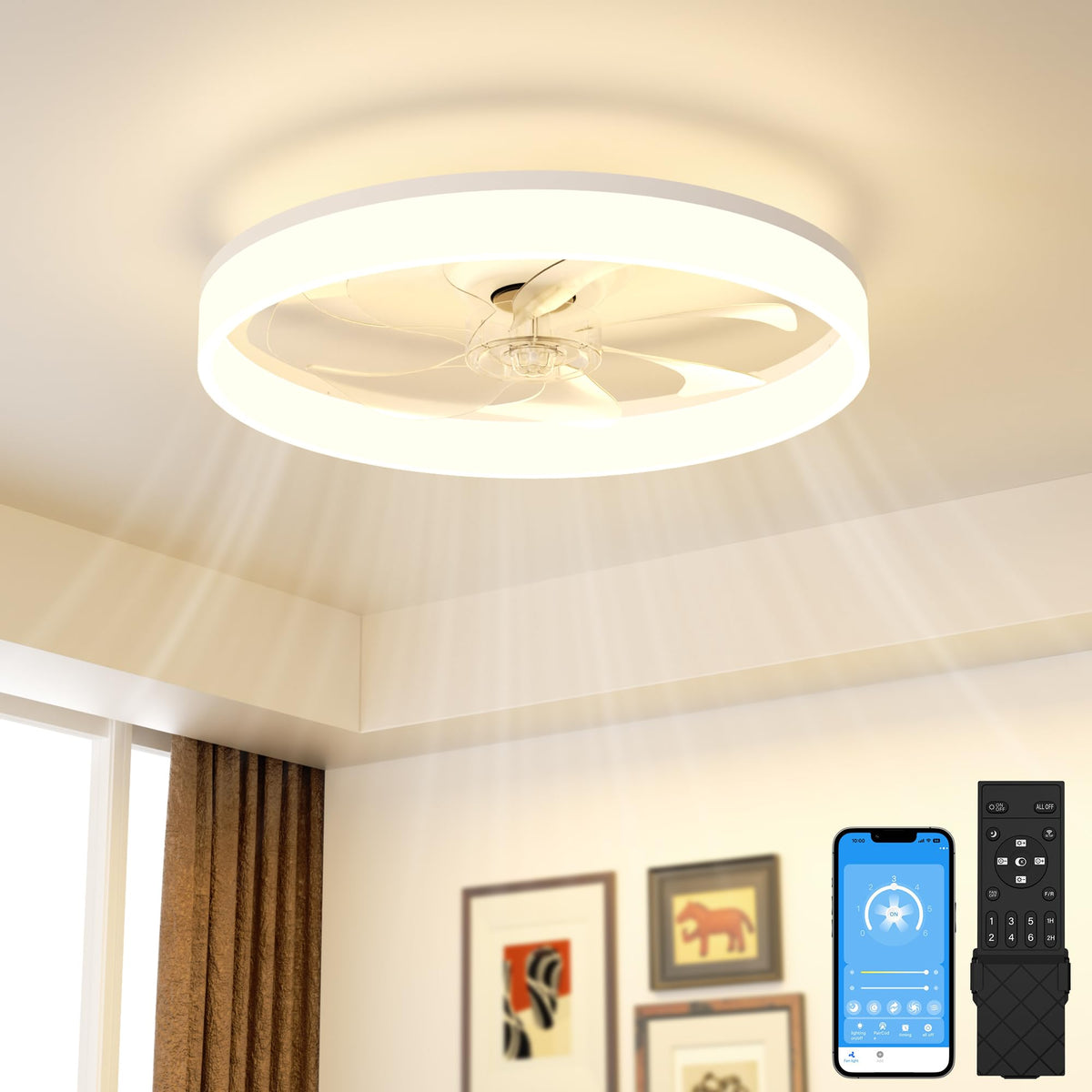 VOLISUN low-profile fan with light and remote for space-saving ceiling installation.
