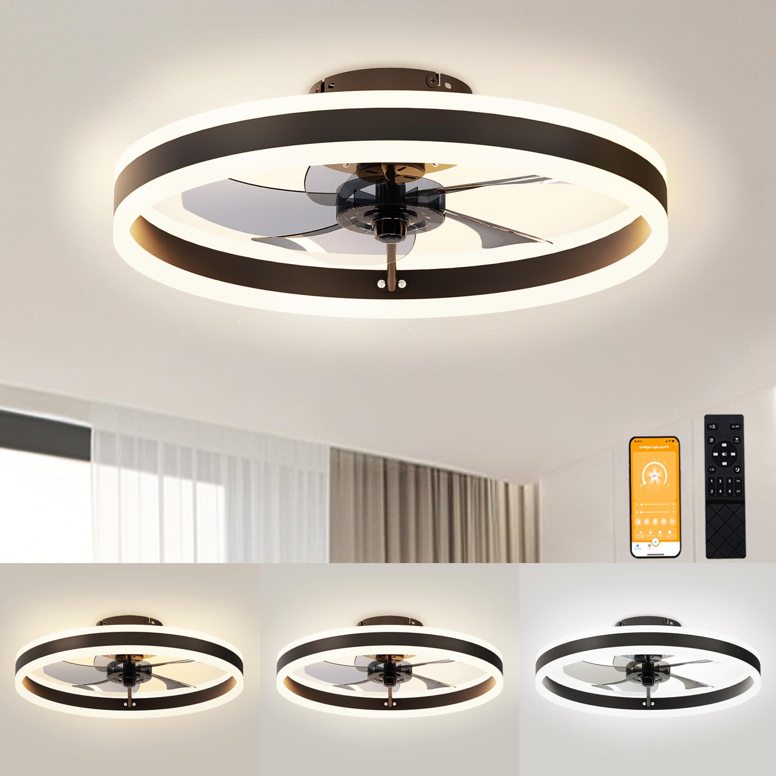 VOLISUN low-profile fandelier with LED light, front view, ideal for modern bedrooms.