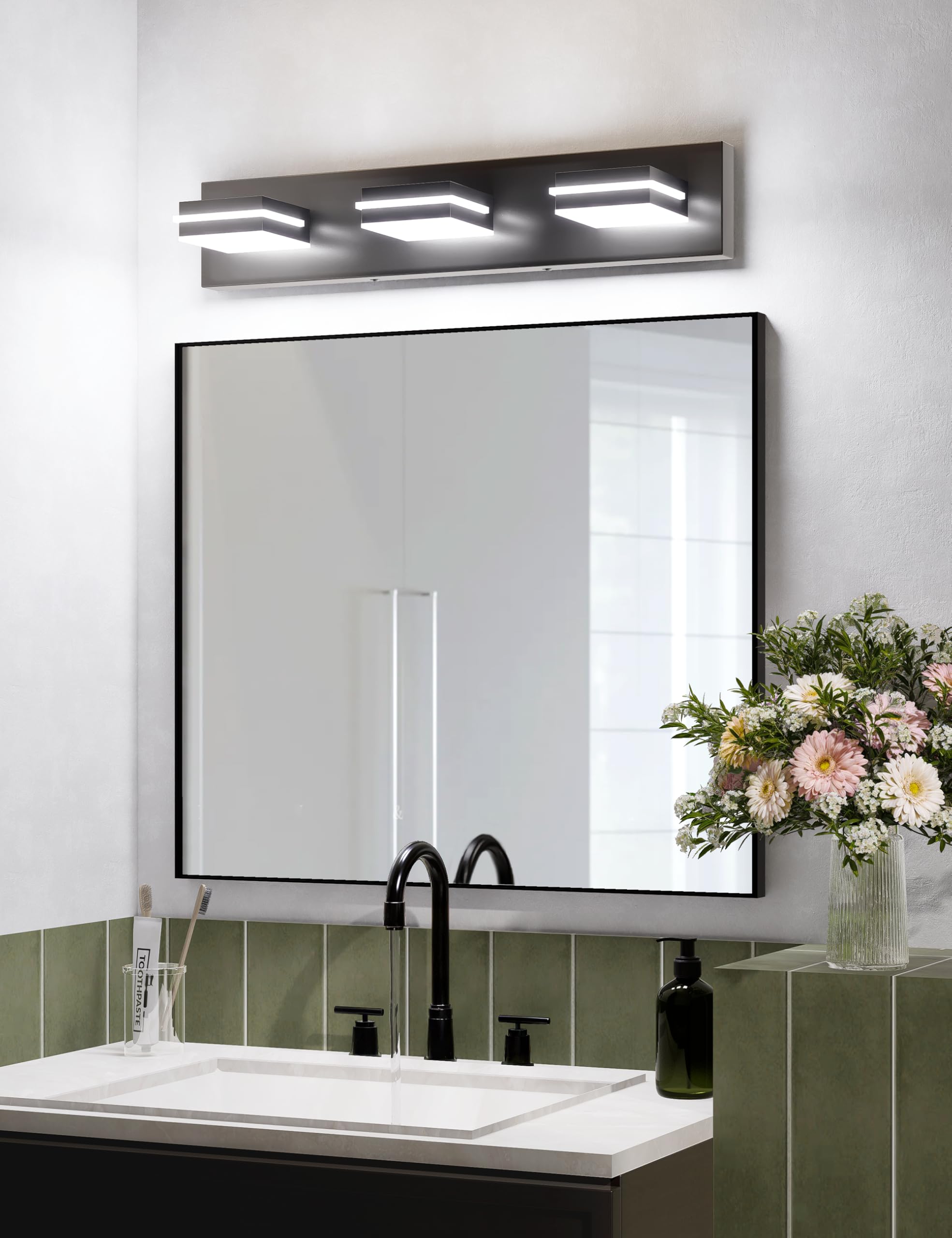 VOLISUN matte black LED vanity light mounted above mirror with glare control