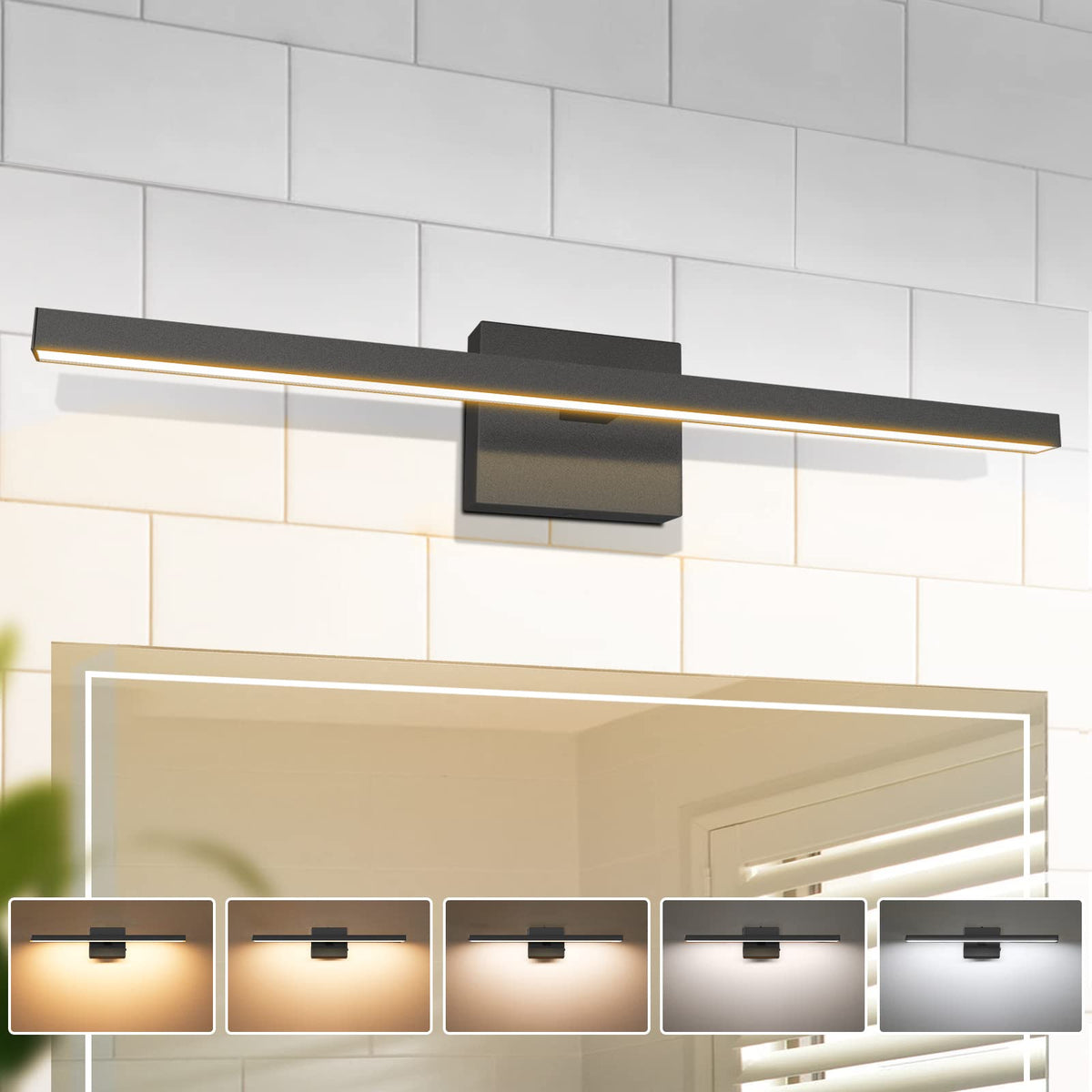 Volisun modern bathroom vanity light in black, front view brightens the mirror area.