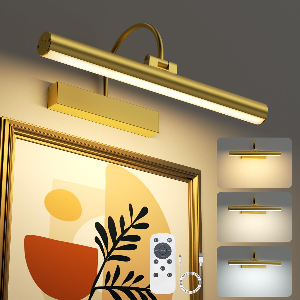Volisun 13-inch picture light on wall illuminating artwork with steady glow.