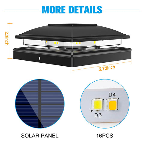 Volisun post cap light fits 4x4 and 6x6 posts on wooden or vinyl structures.