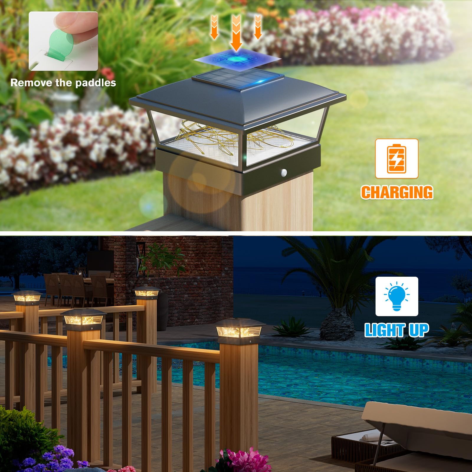 VOLISUN wood 6x6 post cap light illuminates yard after sunset
