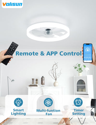 VOLISUN remote control and mobile app for easy light and fan adjustments.