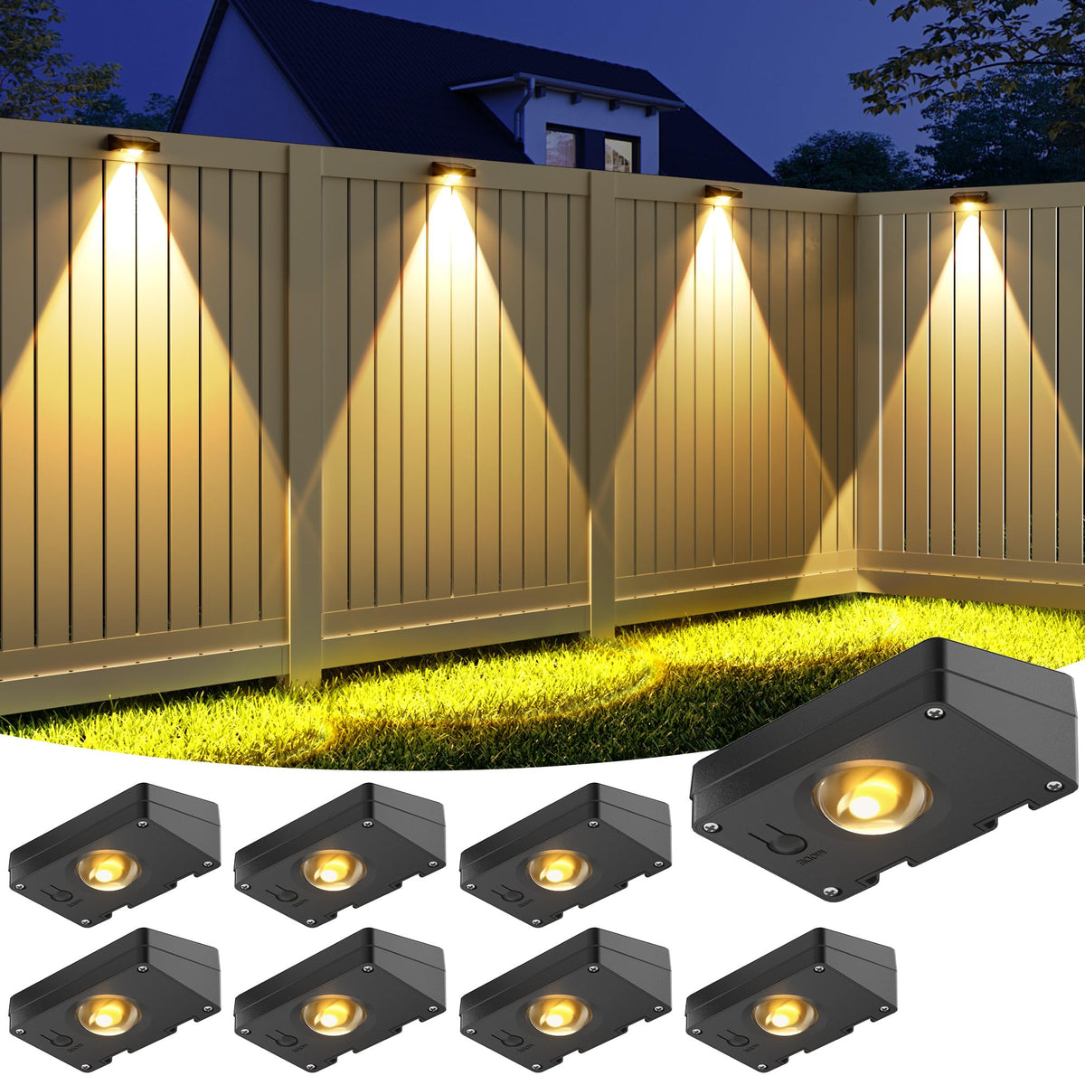 VOLISUN Solar Fence Light front view shows all three color temperature options for even yard lighting.