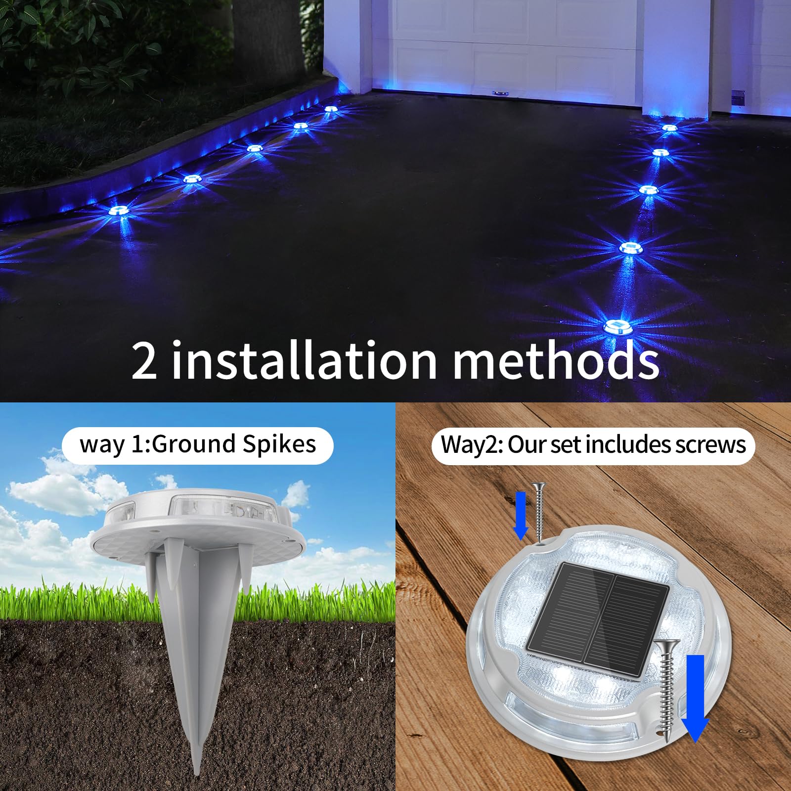 VOLISUN solar ground light with stakes and screws for easy lawn or deck installation.