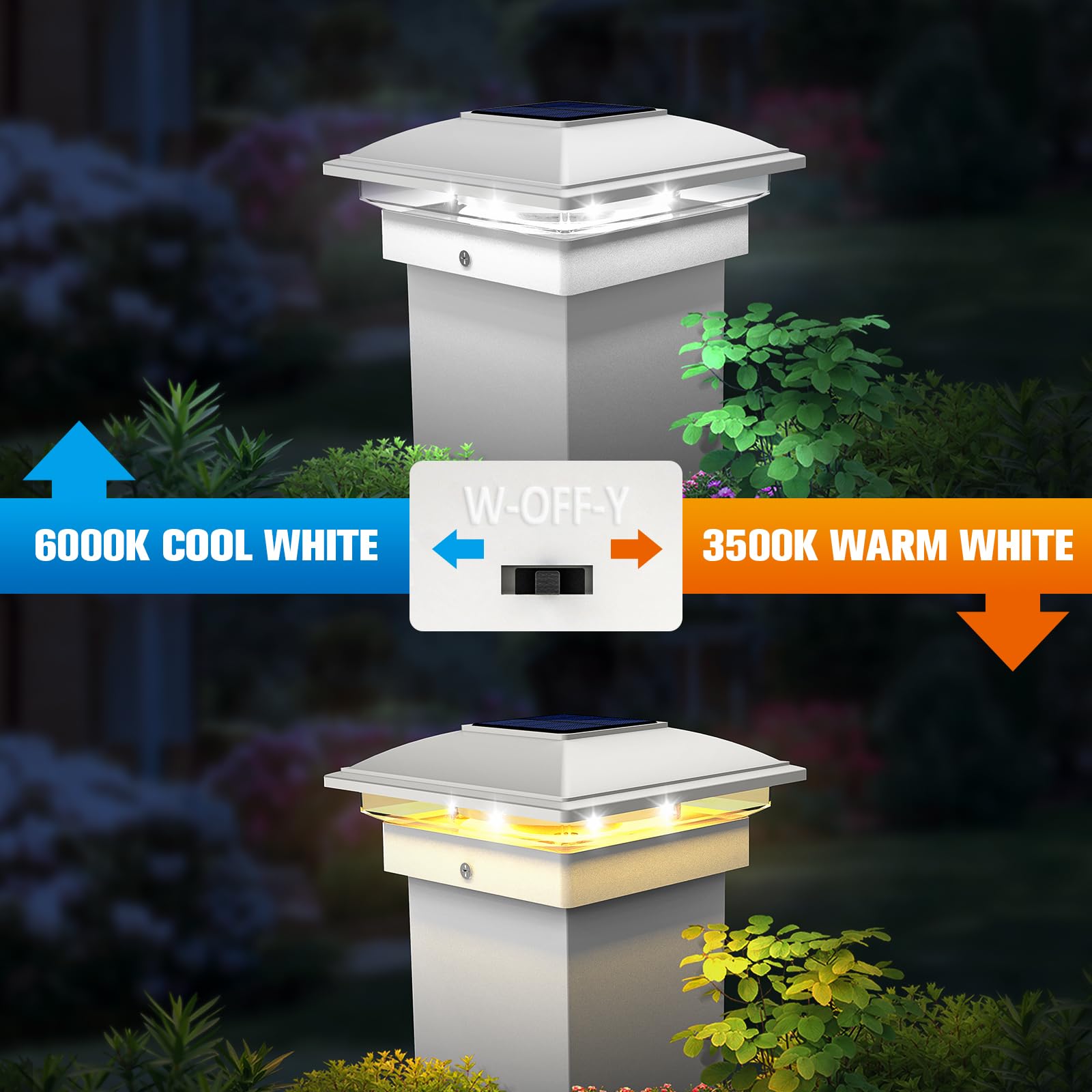 VOLISUN solar post cap lights on a 4x4 wooden post lighting a garden path.