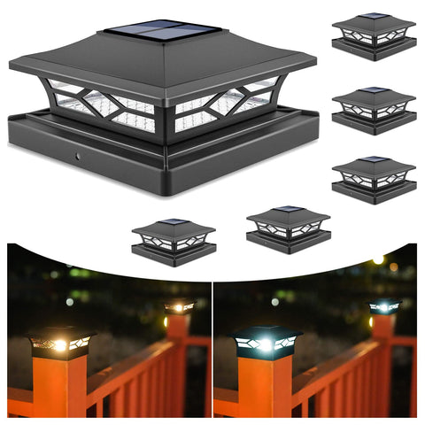 VOLISUN solar post cap lights on wood and vinyl posts illuminate deck edges.
