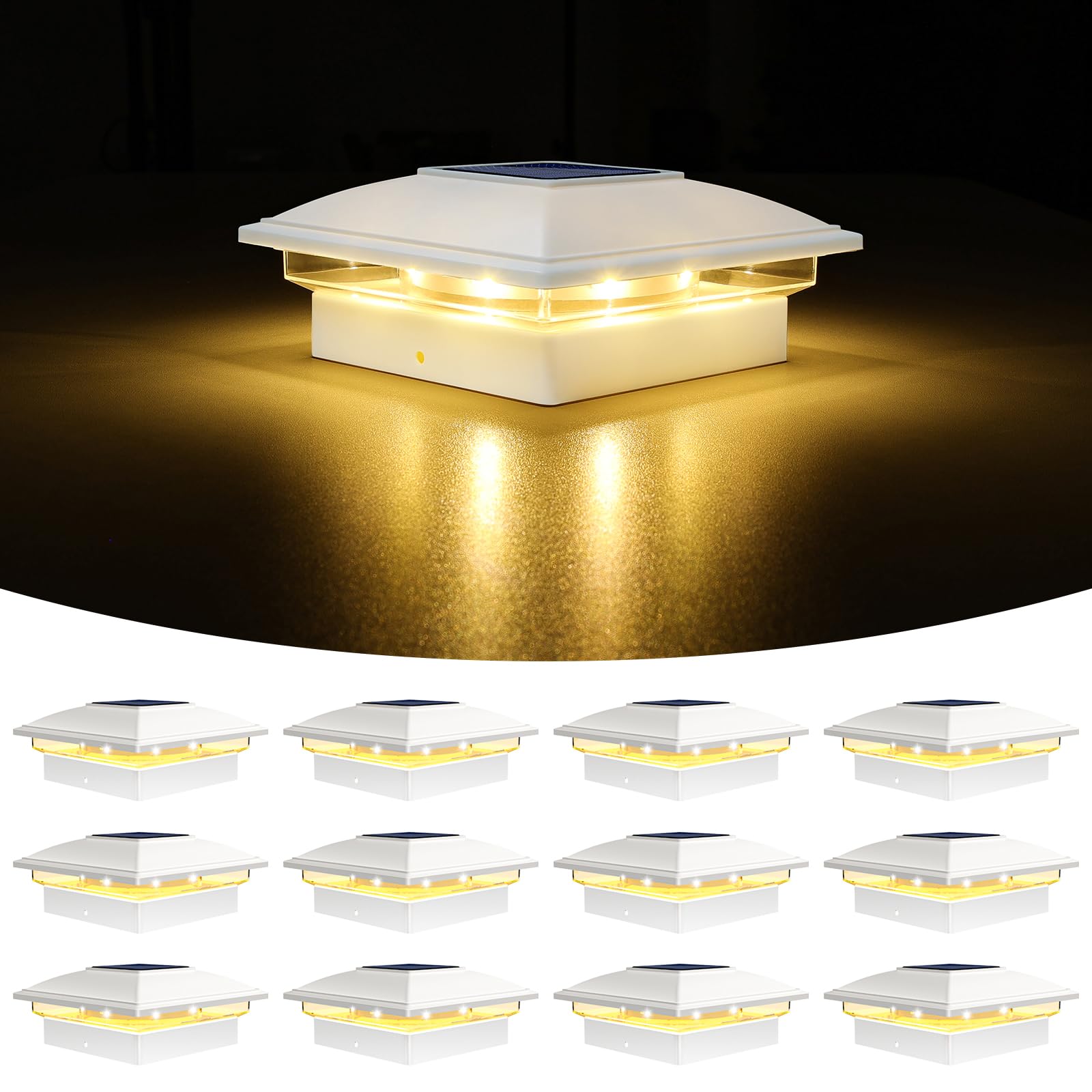 VOLISUN solar post cap light with 8 LEDs shining along a pathway at dusk for safe nighttime navigation.