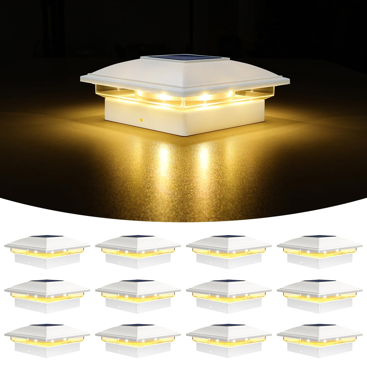 VOLISUN solar post cap light with 8 LEDs shining along a pathway at dusk for safe nighttime navigation.