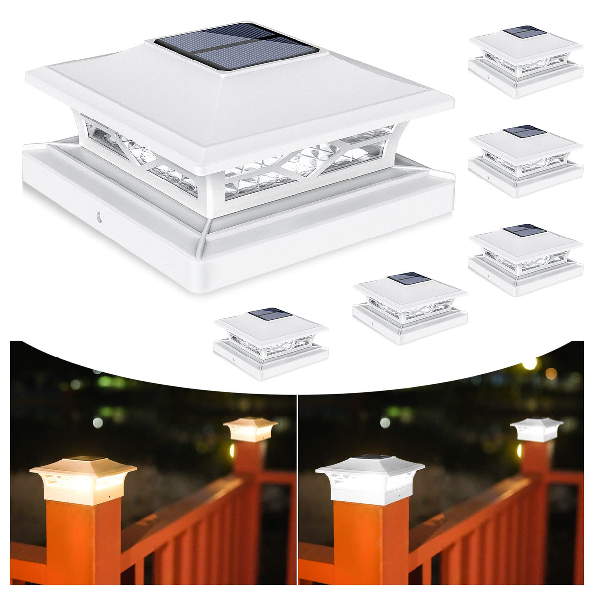 VOLISUN solar post cap lights with warm and cool modes illuminate wooden posts