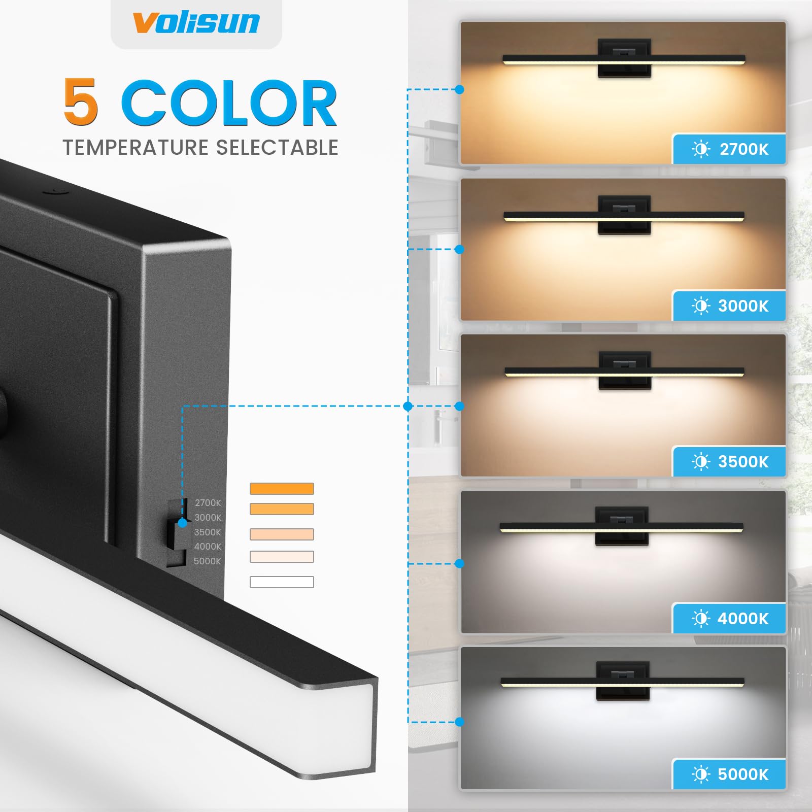 VOLISUN vanity light 180-degree rotation enables customizable uplight and downlight.
