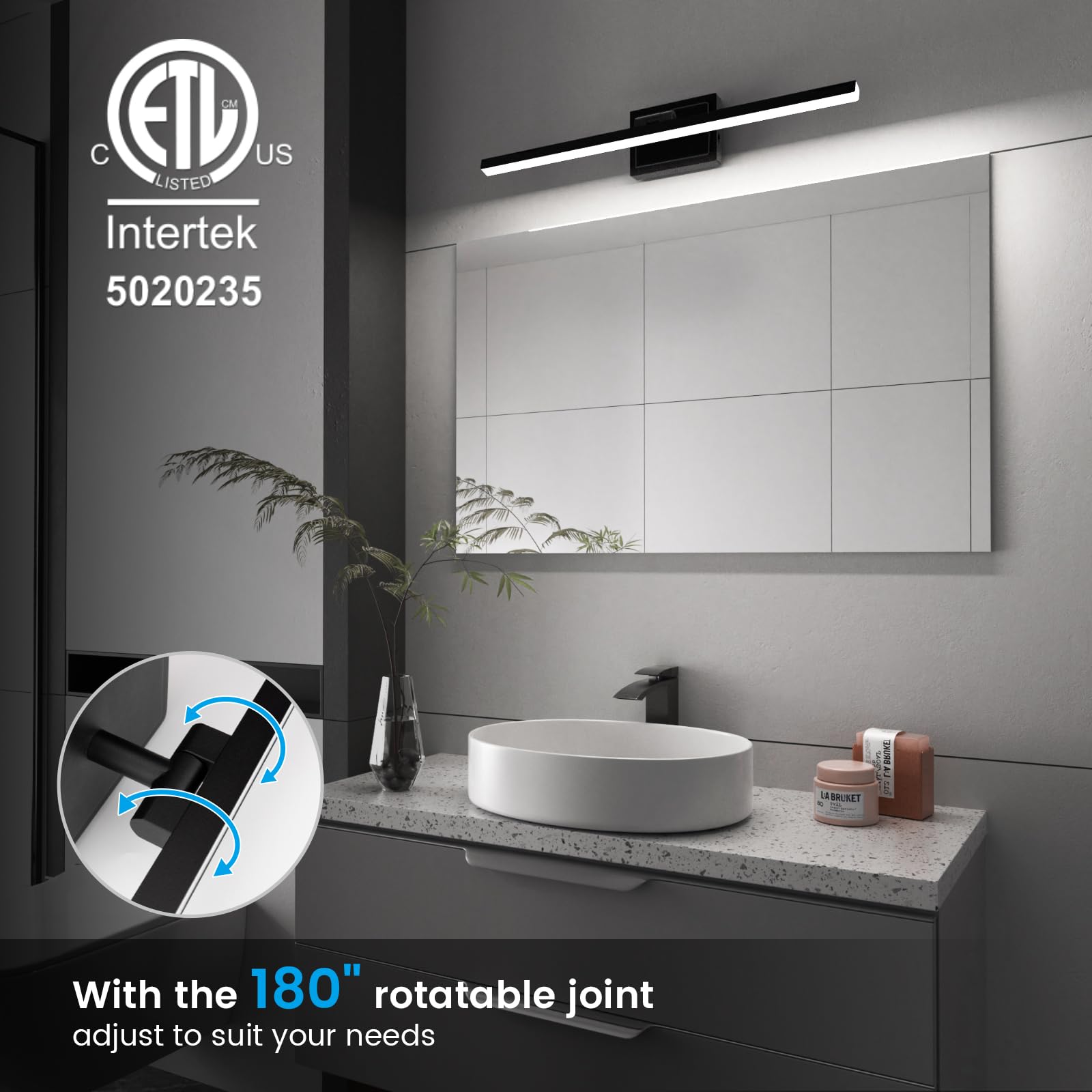 Volisun vanity light with 180-degree rotatable head for adjustable bathroom task lighting.