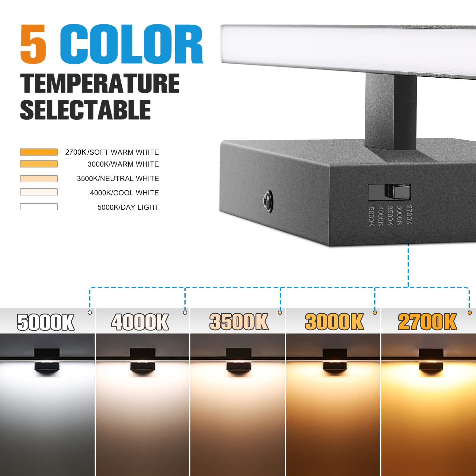 Volisun vanity light with 5CCT side-slide close-up offering adaptable mood lighting.