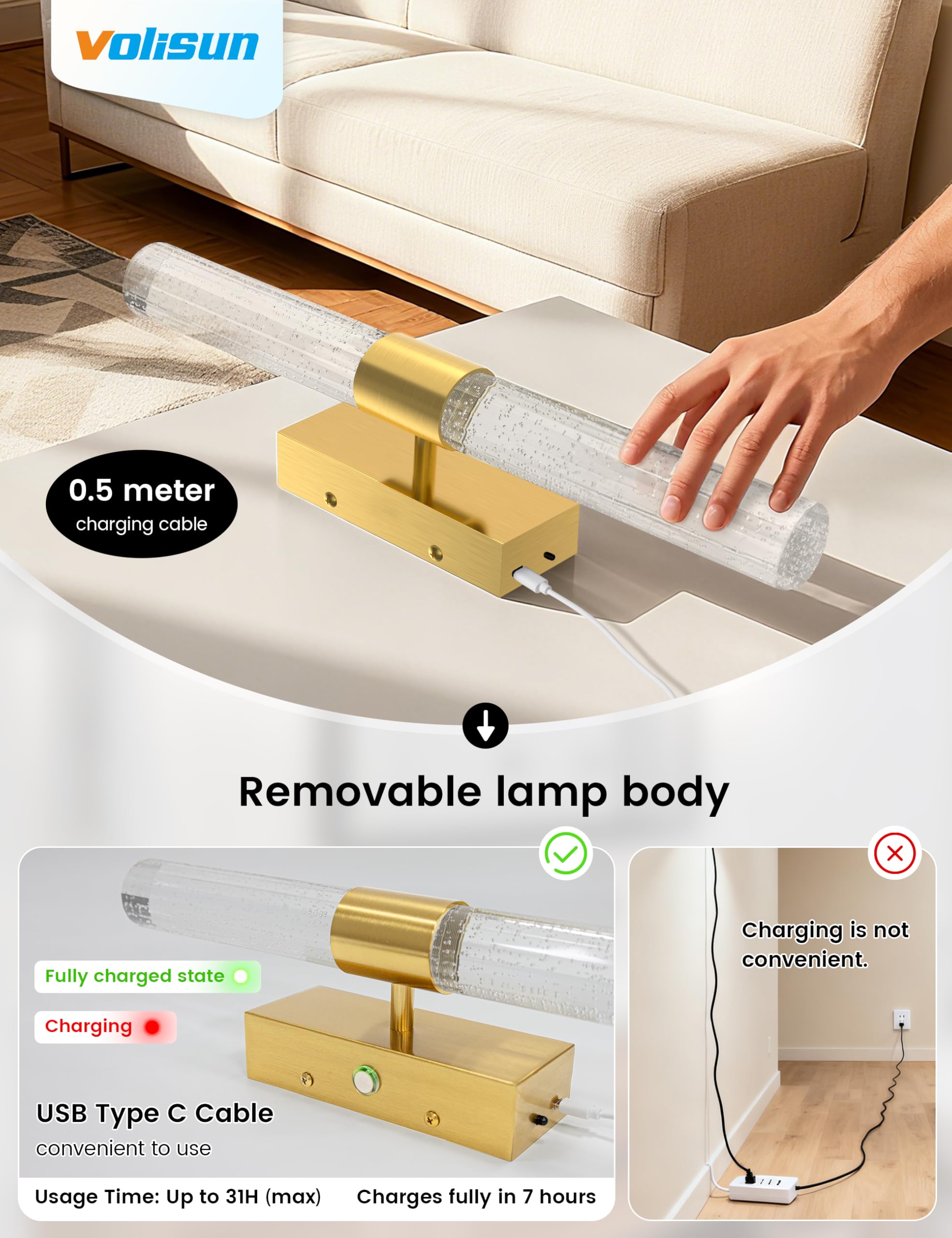 VOLISUN battery sconces with six dimming levels for customized brightness.