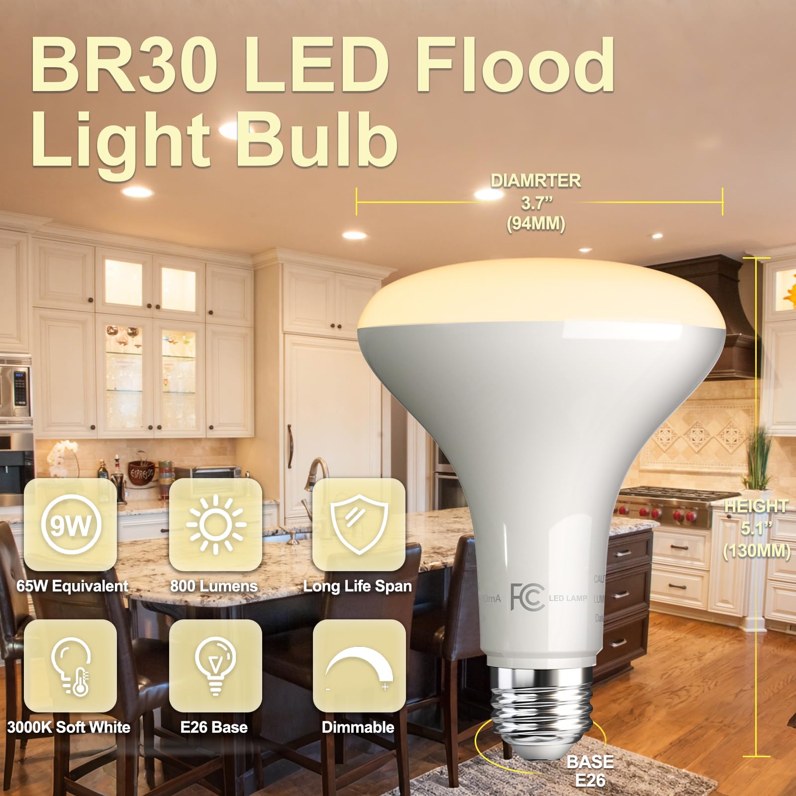 VOLIVO BR30 LED flood light in fixture delivers uniform illumination in living spaces.